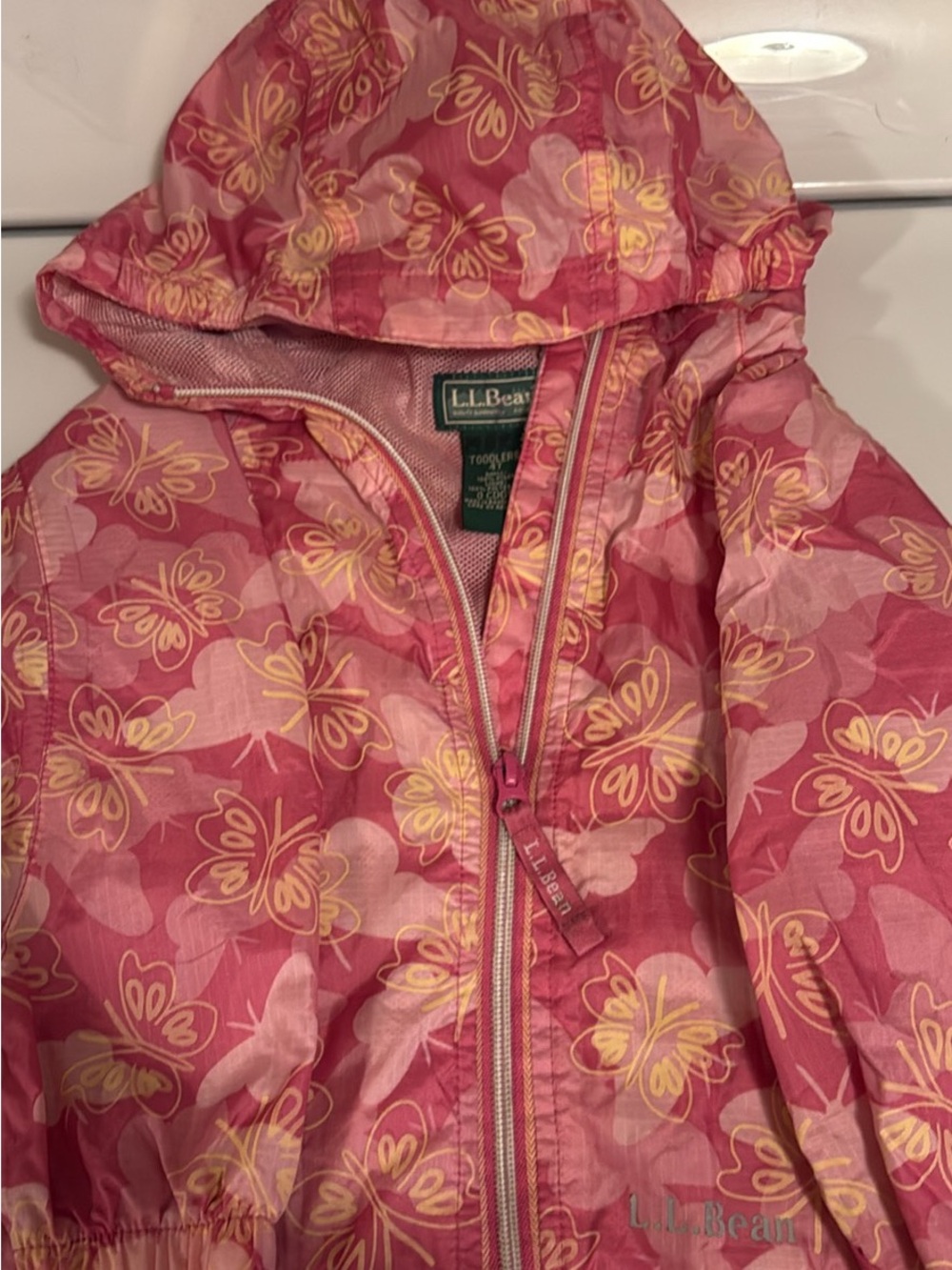 L.L. Bean Pink and Yellow Butterfly Hooded Raincoat
